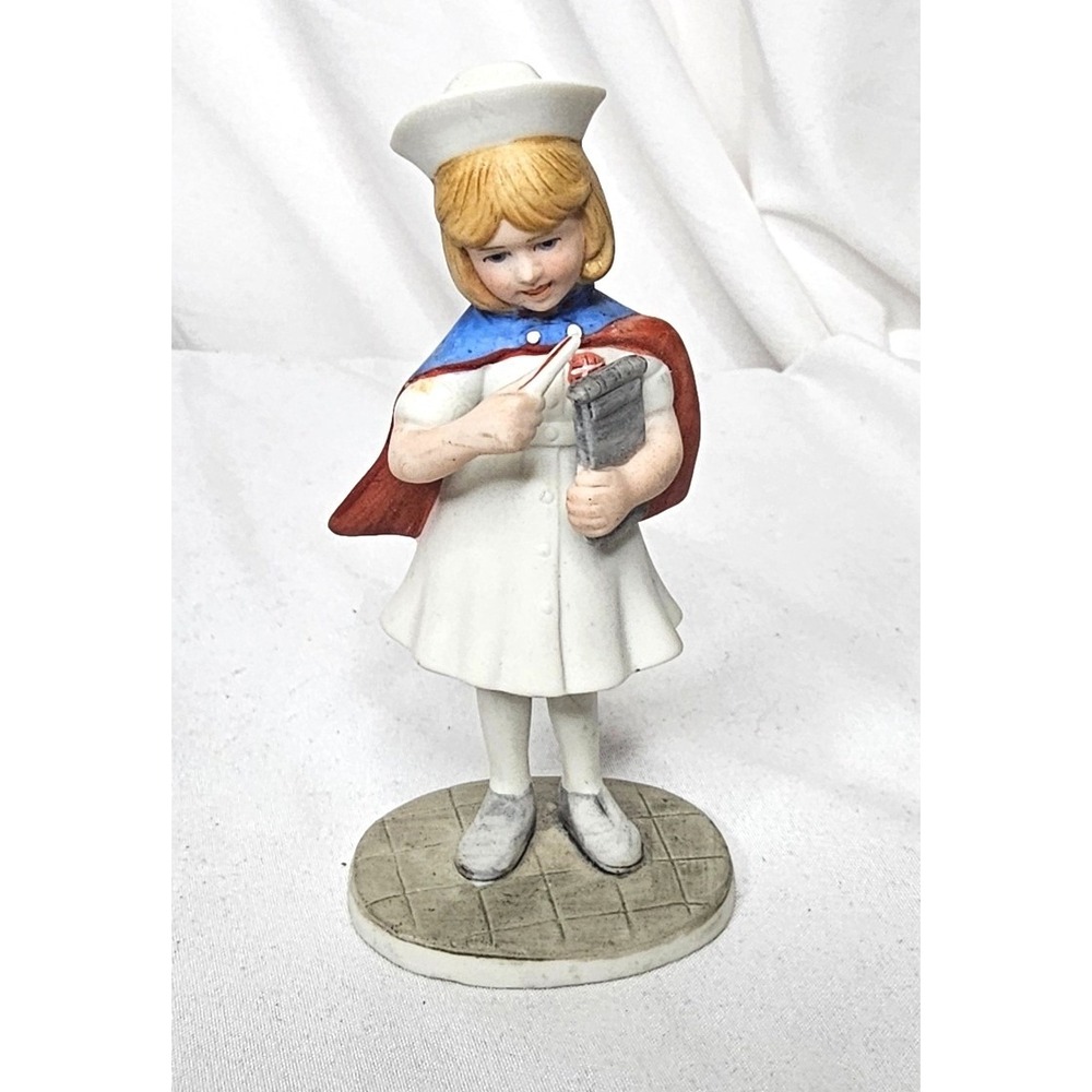 VTG Reco Nurse Figurine 5in White Blue Red Vintage Style Porcelain Girl